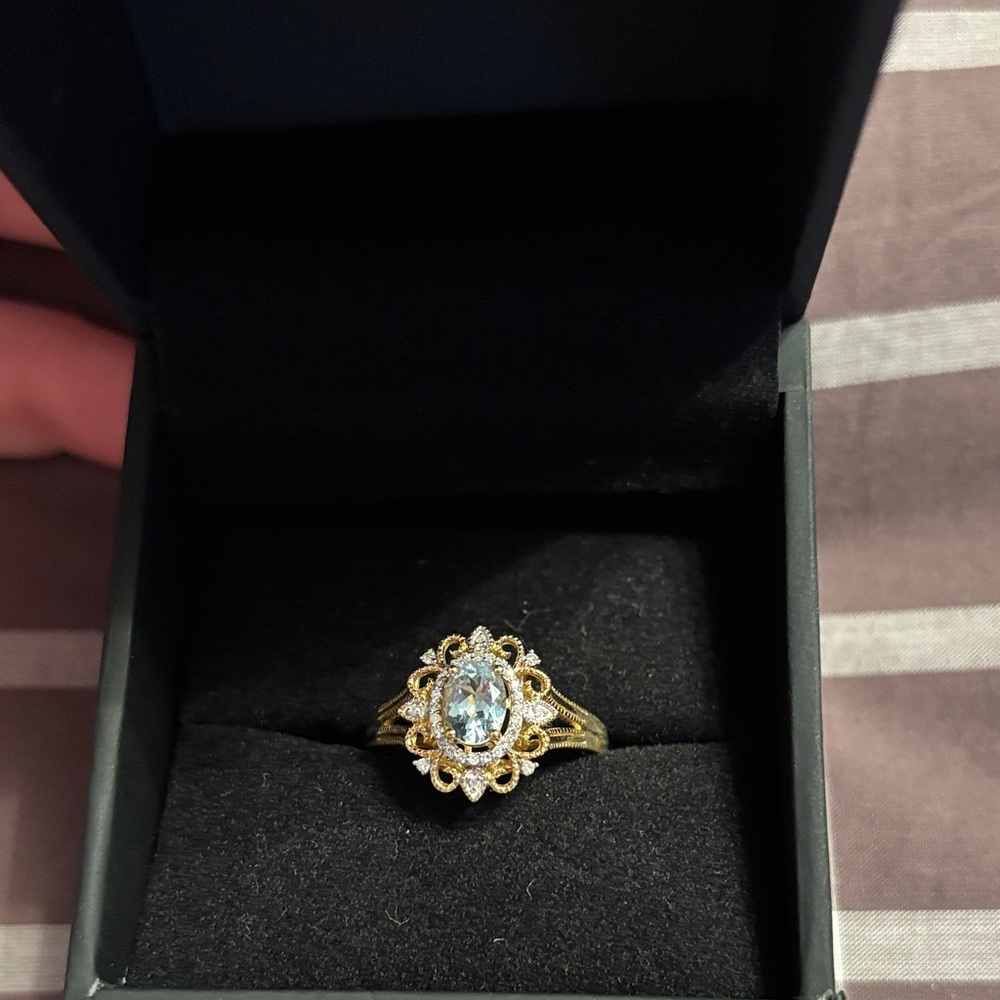 Oval Aquamarine 1/10 CT. T.W.Diamond Frame Vintage-Style Ornate Ring in 10K Gold - Picture 2 of 7